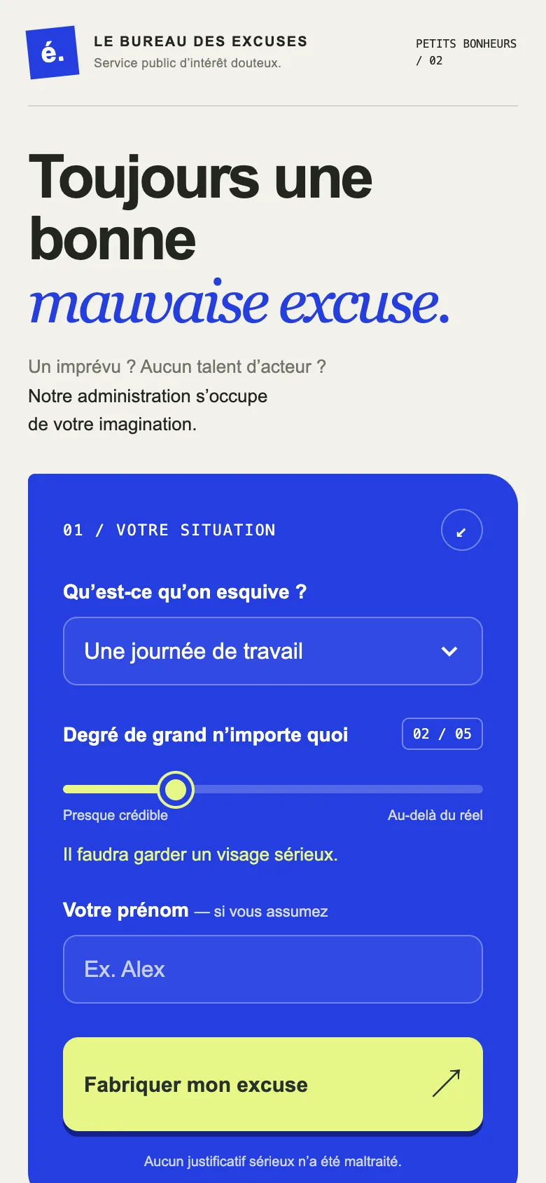 Écran de l'application Bureau des Excuses