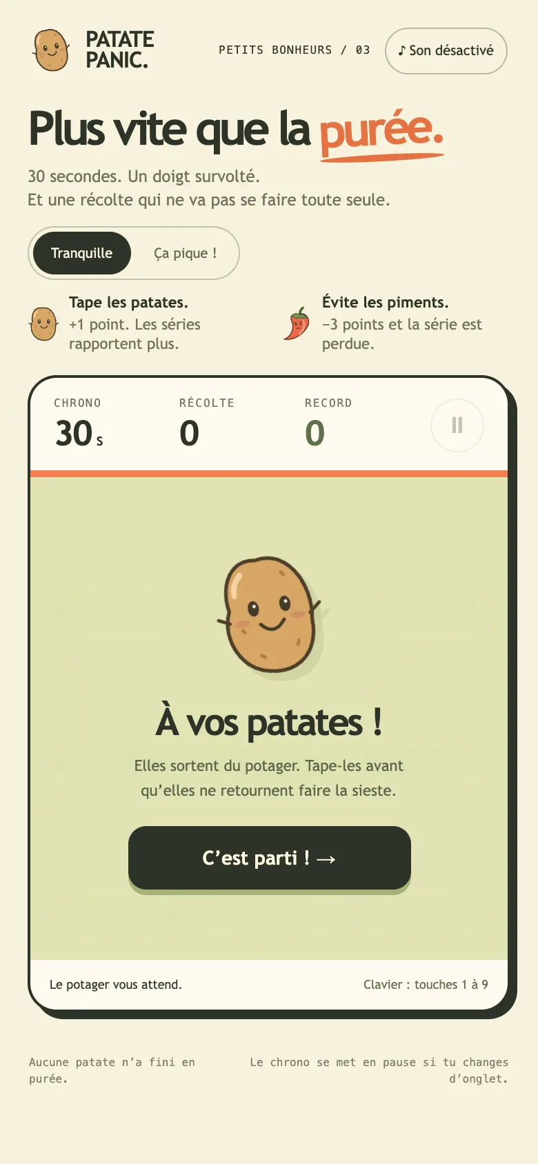 Écran de l'application Patate Panic