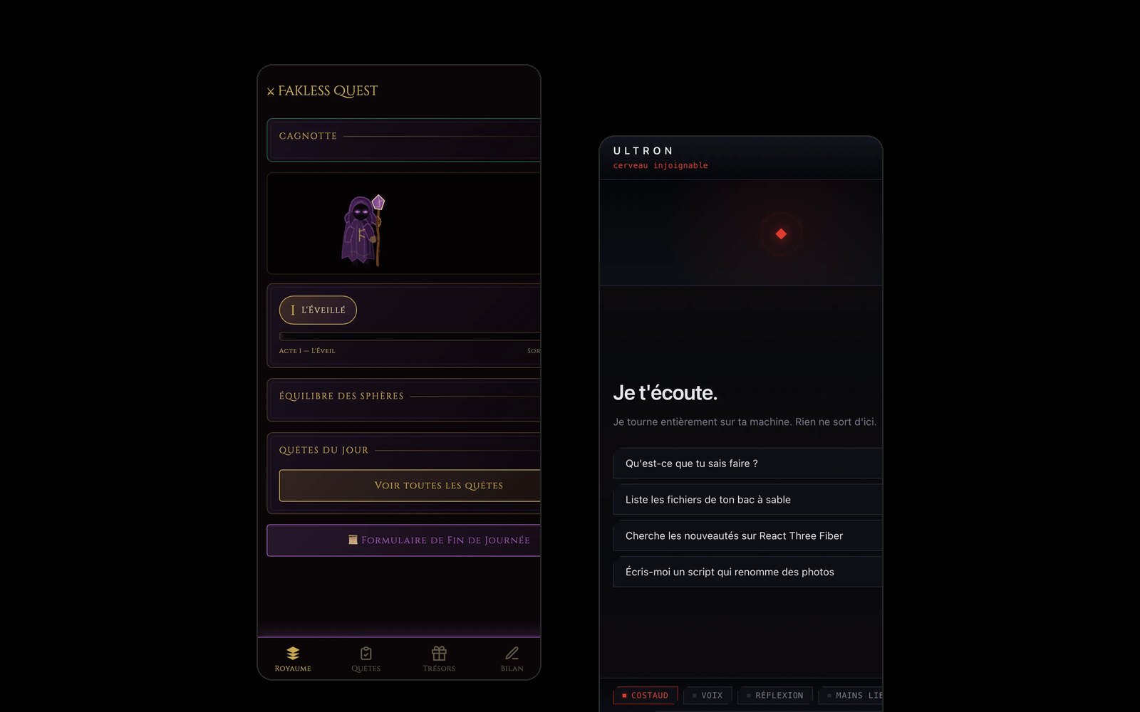 Deux applications réalisées : Fakless Quest et Ultron
